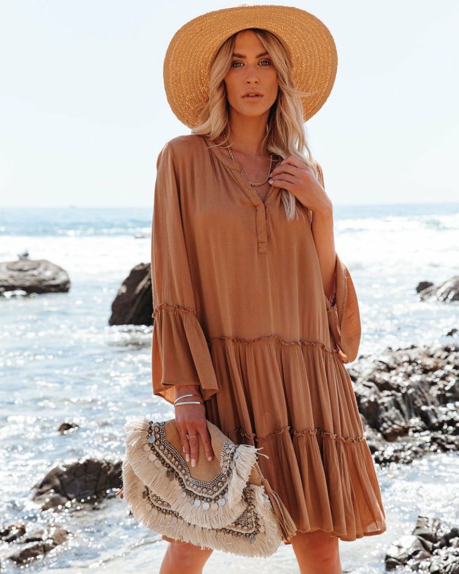 Clothing * | Elan-001 Barefoot On The Beach Pocketed Tiered Tunic Caramel Final Sale