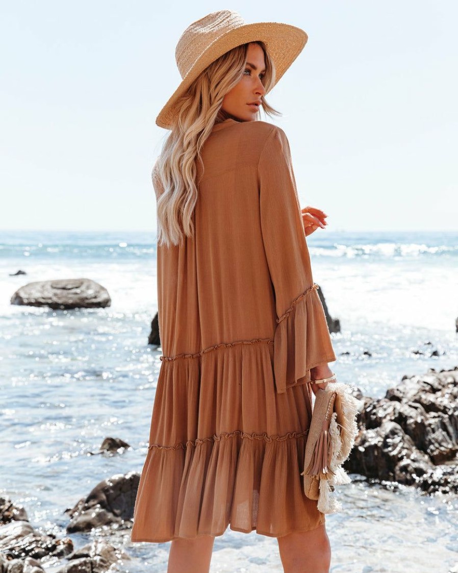 Clothing * | Elan-001 Barefoot On The Beach Pocketed Tiered Tunic Caramel Final Sale