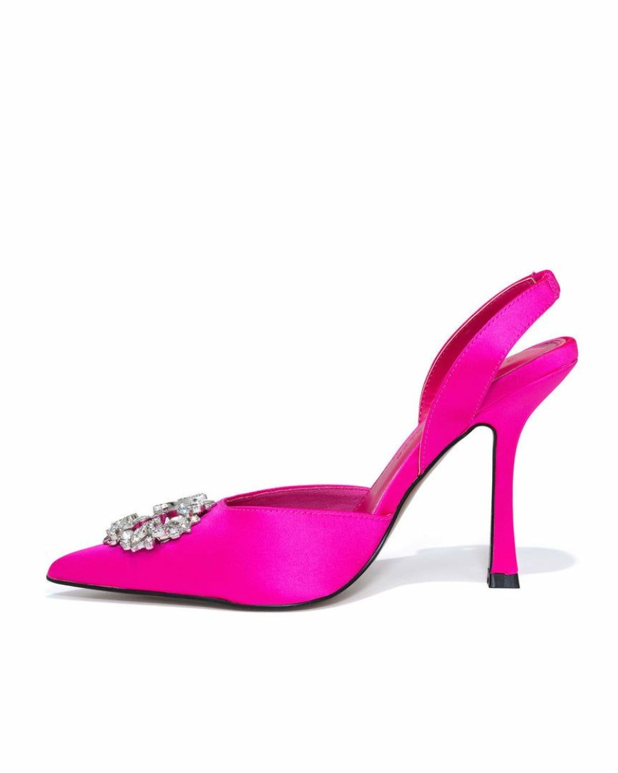 Shoes * | Band-002 Hello Lover Satin Embellished Slingback Heel Hot Pink Guest Of Wedding