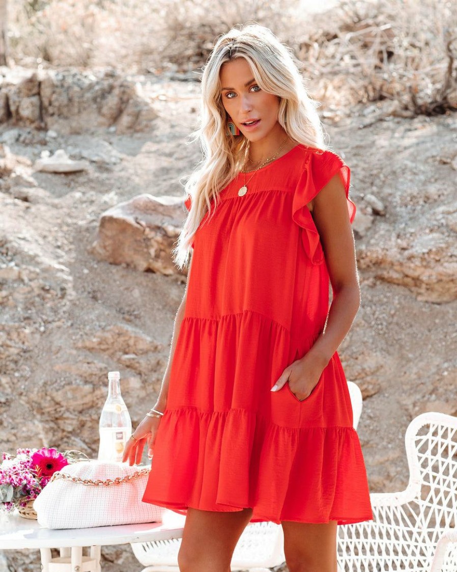 Clothing * | Newb-001 The Valley Pocketed Tiered Babydoll Tunic Tomato Red Final Sale Dresses