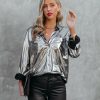 Clothing * | Fate-001 Holdyn Metallic Button Down Blouse Silver Final Sale Tops