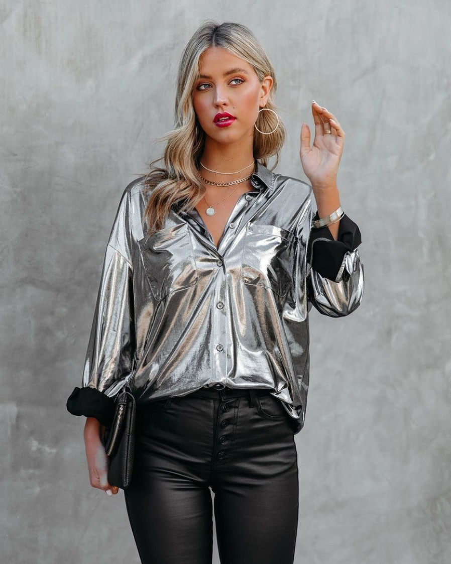 Clothing * | Fate-001 Holdyn Metallic Button Down Blouse Silver Final Sale Tops