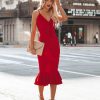 Clothing * | Shop-001 Impeccable Tie Front Ruffle Midi Dress Red Dresses