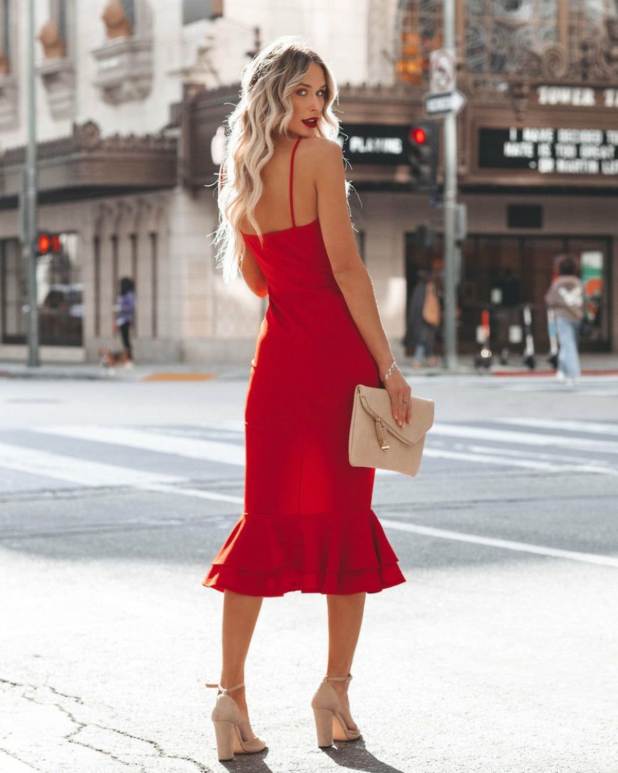 Clothing * | Shop-001 Impeccable Tie Front Ruffle Midi Dress Red Dresses