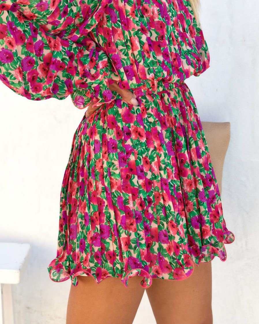 Clothing * | Endl-001 Bougainvillea Floral Pleated Mini Skirt Final Sale Chic Matching Sets