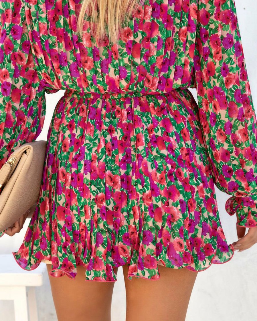 Clothing * | Endl-001 Bougainvillea Floral Pleated Mini Skirt Final Sale Chic Matching Sets