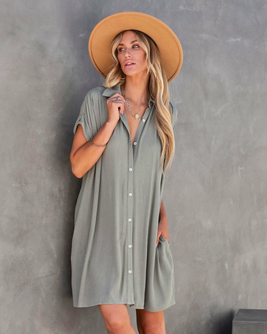 Clothing * | Dee-001 Hamptons Pocketed Button Down Tunic Olive Tops