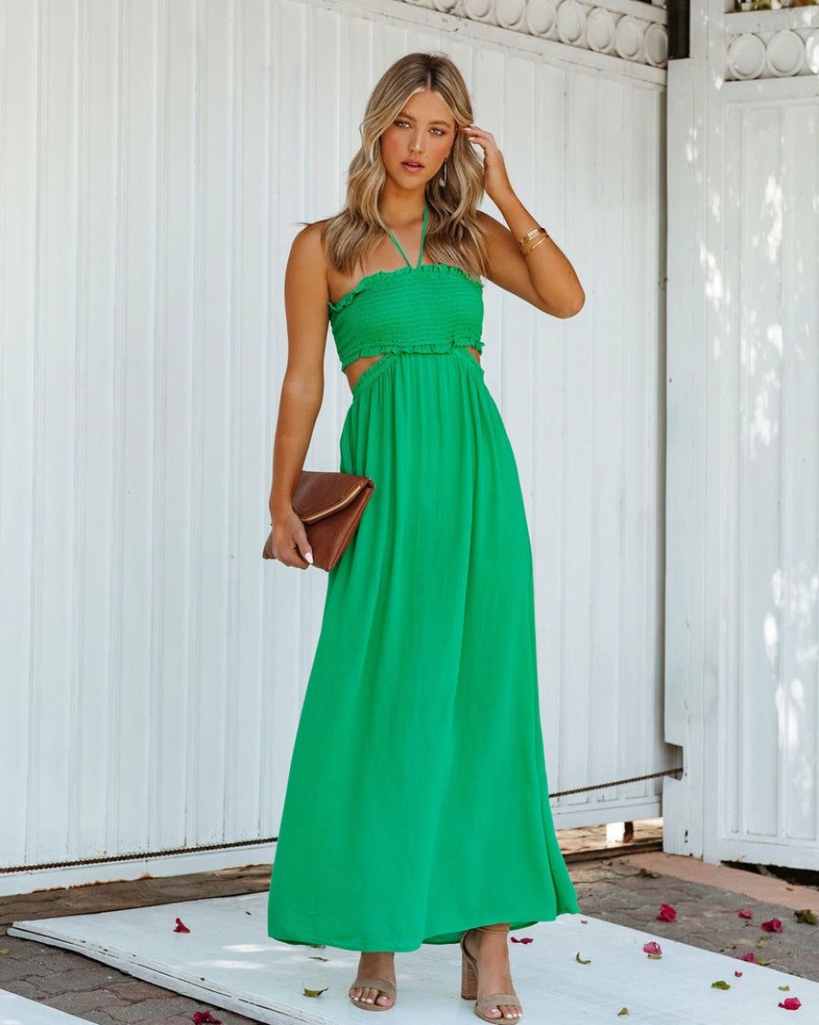 Clothing * | Prom-001 Dresses Hit The Beach Smocked Halter Maxi Dress Kelly Green