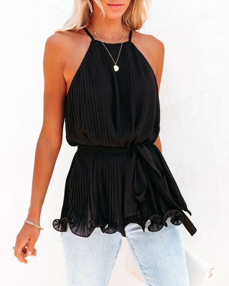 Clothing * | Endl-001 Pleats To Meet You Tie Top Black Final Sale