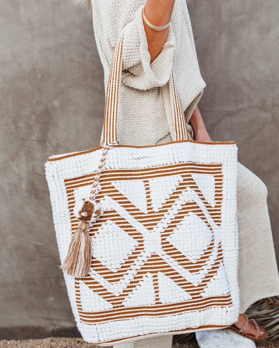 Bags * | Love-003 Out Of Town Woven Pom Tote Bag Camel Final Sale