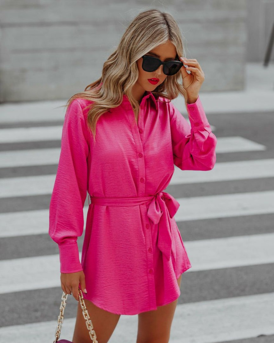 Clothing * | Olia-001 Dresses Growth Satin Button Down Shirt Dress Pink