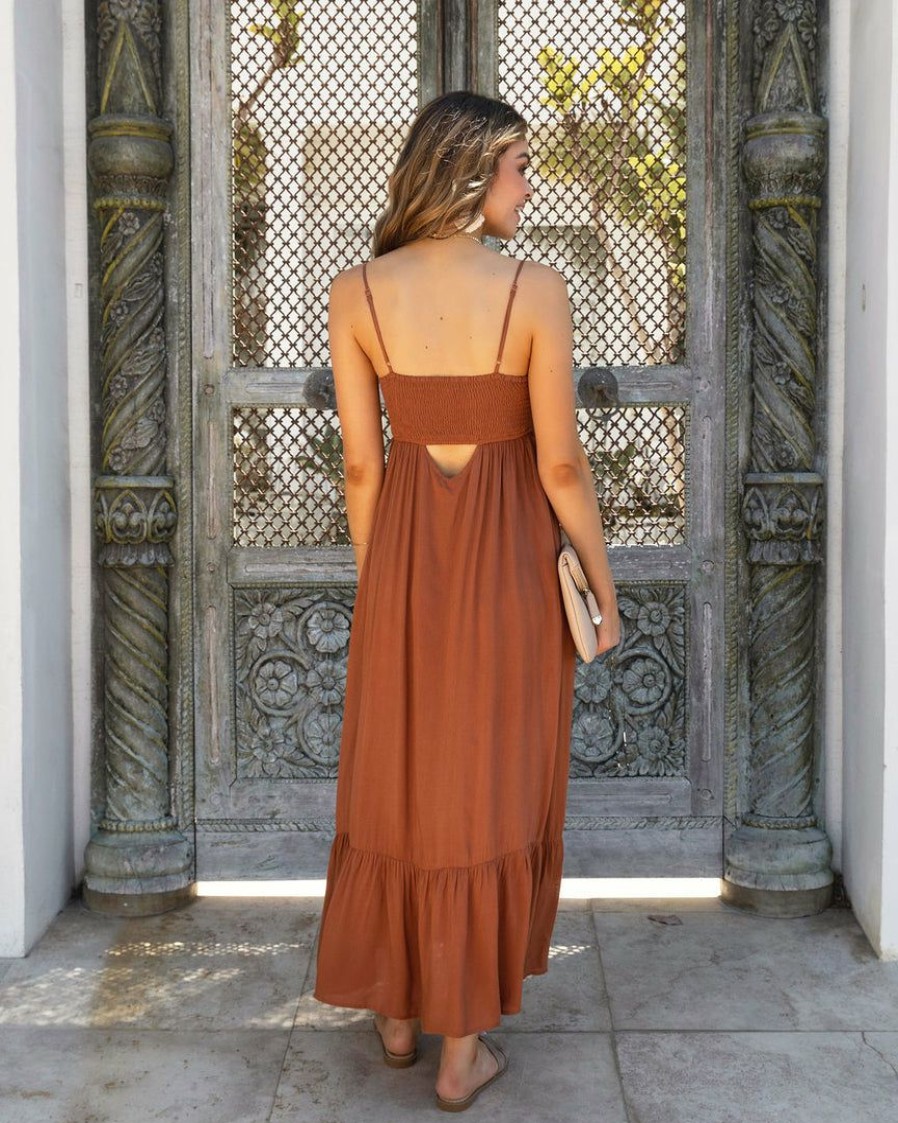 Clothing * | Wish-001 Saint Jean Pocketed Smocked Maxi Dress Camel