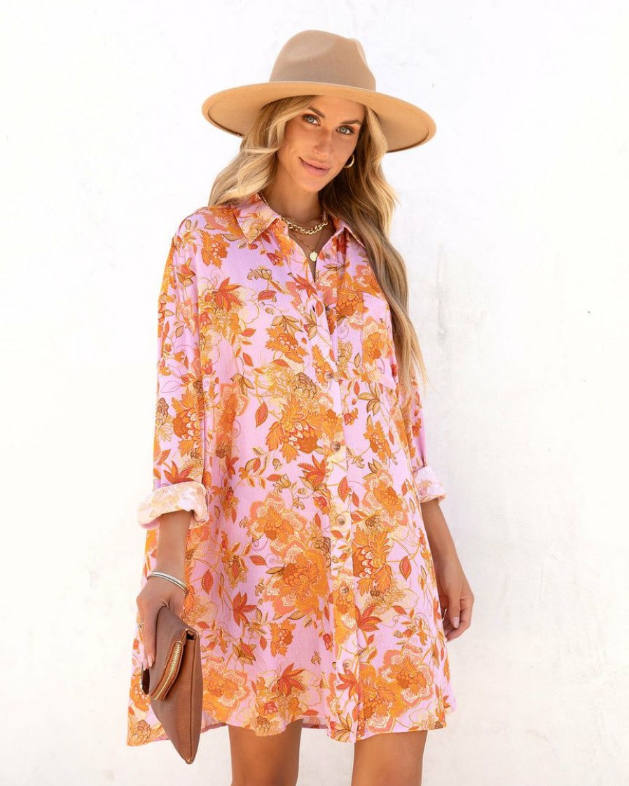 Clothing * | Dres-001 Queen Retro Floral Printed Shirt Dress