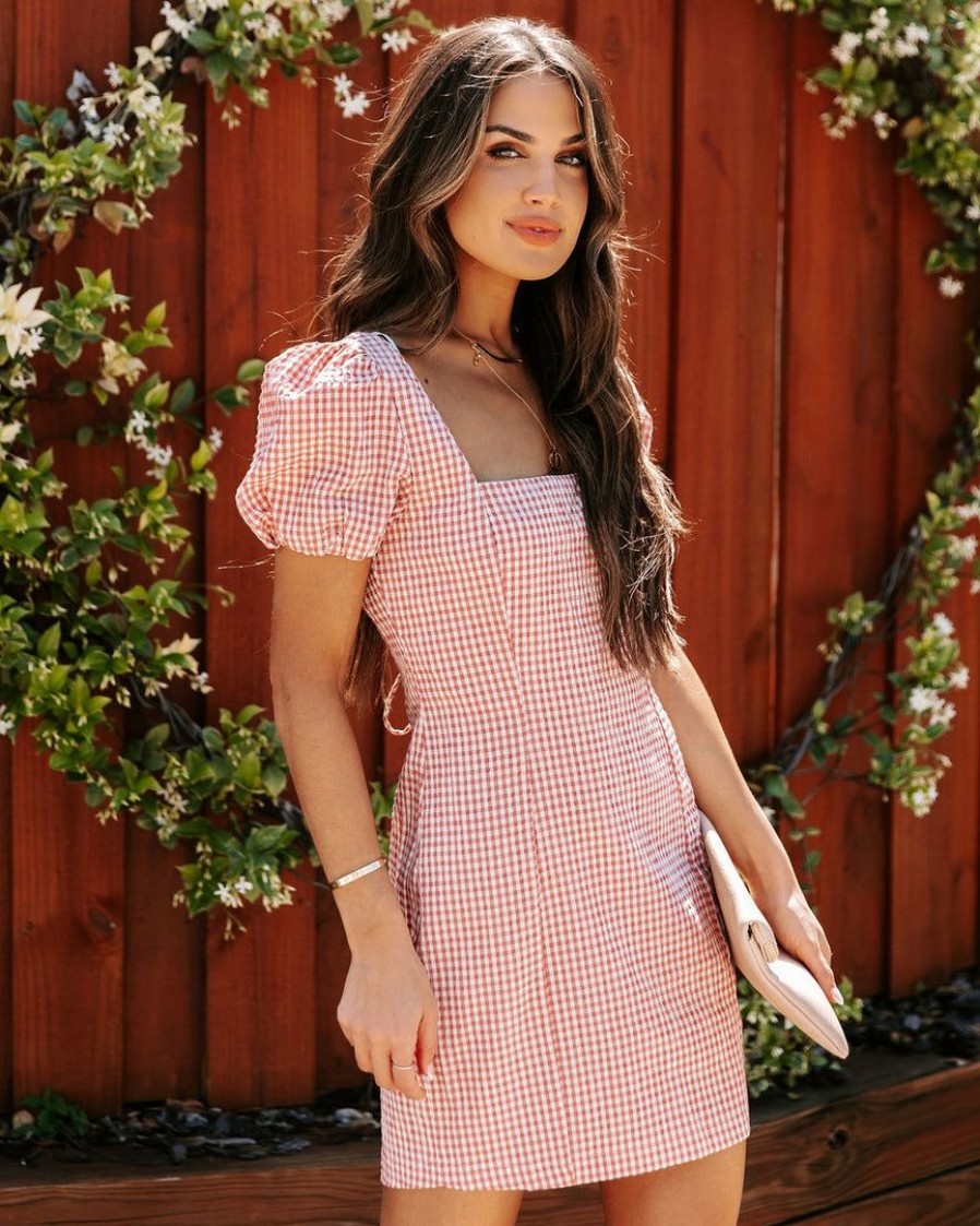 Clothing * | Lush-001 Miri Gingham Puff Sleeve Mini Dress Dusty Rose Final Sale