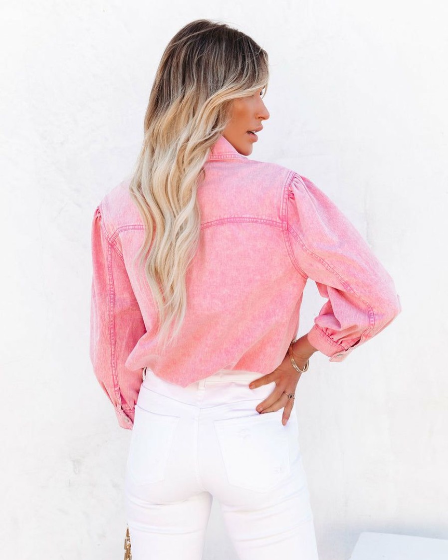 Clothing * | Entr-001 Jiana Distressed Denim Button Down Top Pink