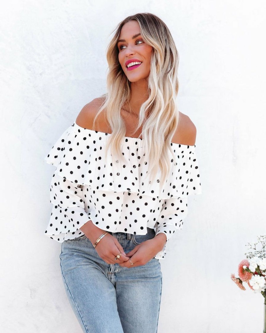 Clothing * | Salt-001 Vici Exclusives Jossa Off The Shoulder Ruffle Tiered Blouse Black White Dot Final Sale