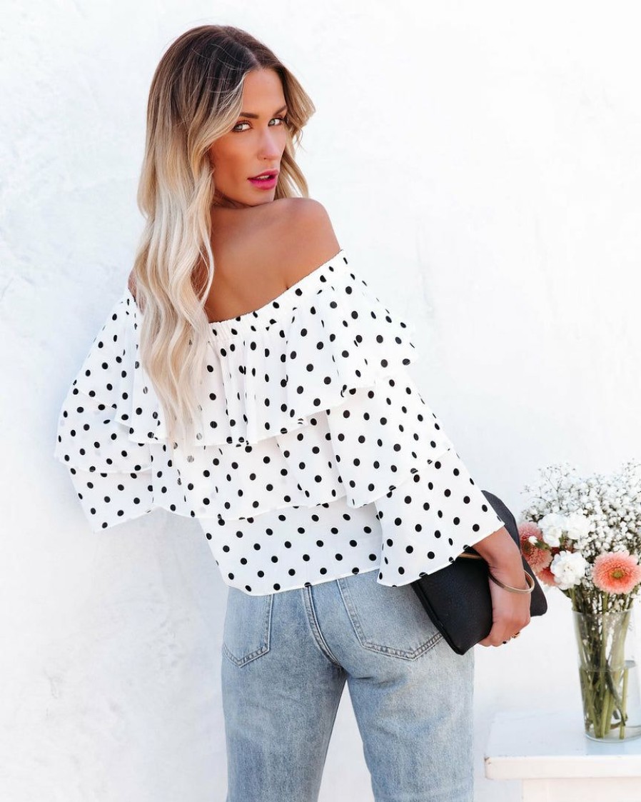 Clothing * | Salt-001 Vici Exclusives Jossa Off The Shoulder Ruffle Tiered Blouse Black White Dot Final Sale