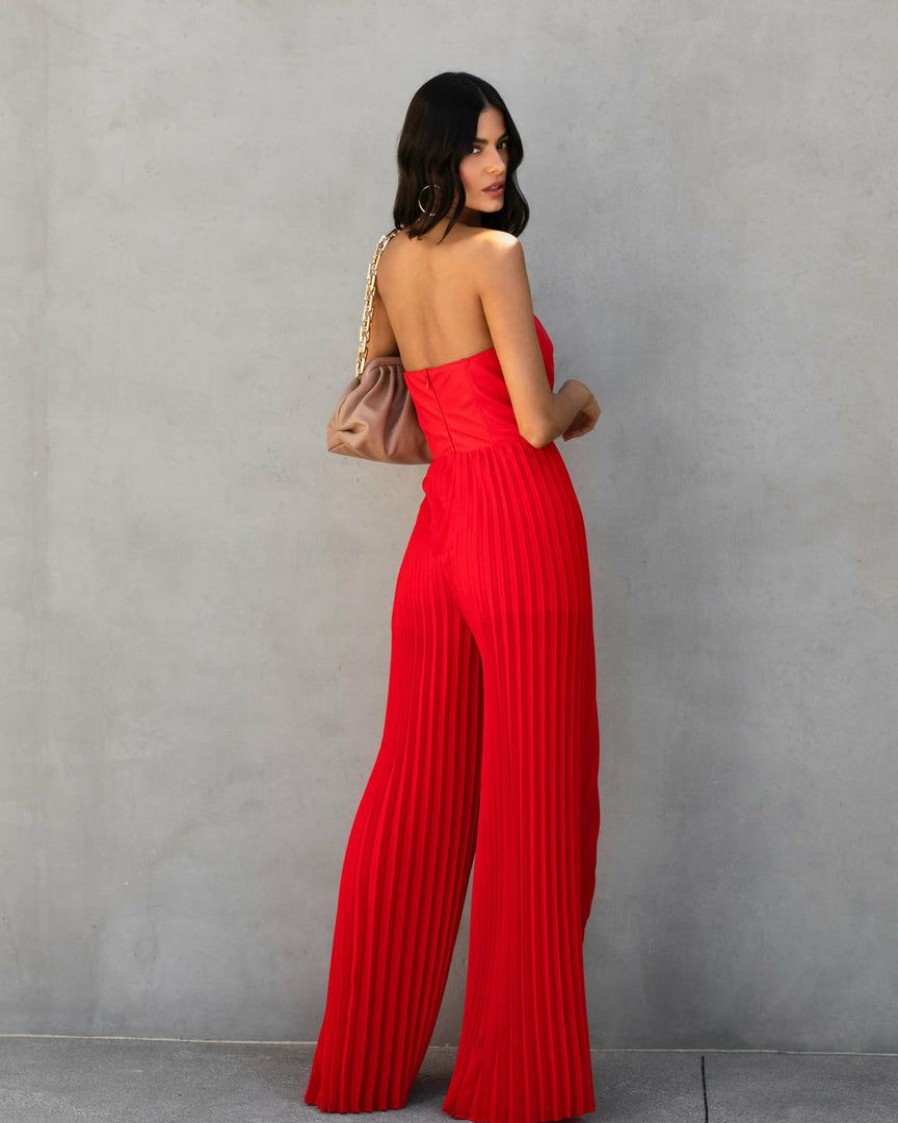 Clothing * | Do+B-001 Vip Strapless Faux Leather Pleated Jumpsuit Red Take Me To Miami