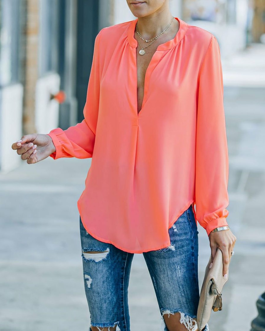 Clothing * | Oliv-001 To The Fullest Split Neck Blouse Coral Flash Sale