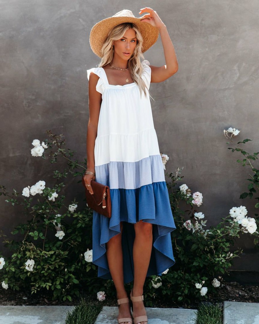 Clothing * | Mood-001 Dresses Melody Of Summer Pocketed High Low Tiered Midi Dress Blue