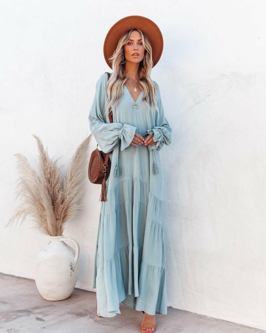 Clothing * | Dres-001 Bowdan Tiered Boho Maxi Dress Soft Blue