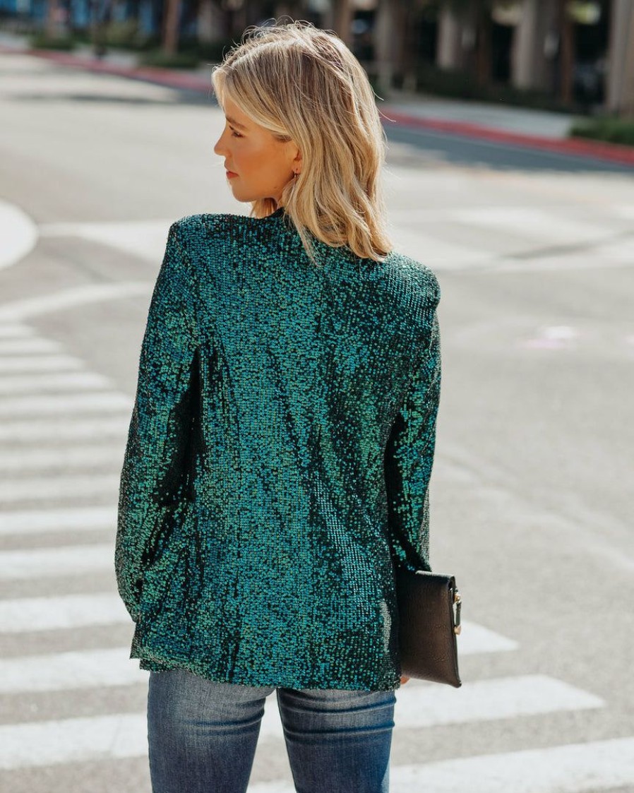 Clothing * | On T-001 Coats & Jackets Festive Flair Pocketed Sequin Blazer Teal Final Sale