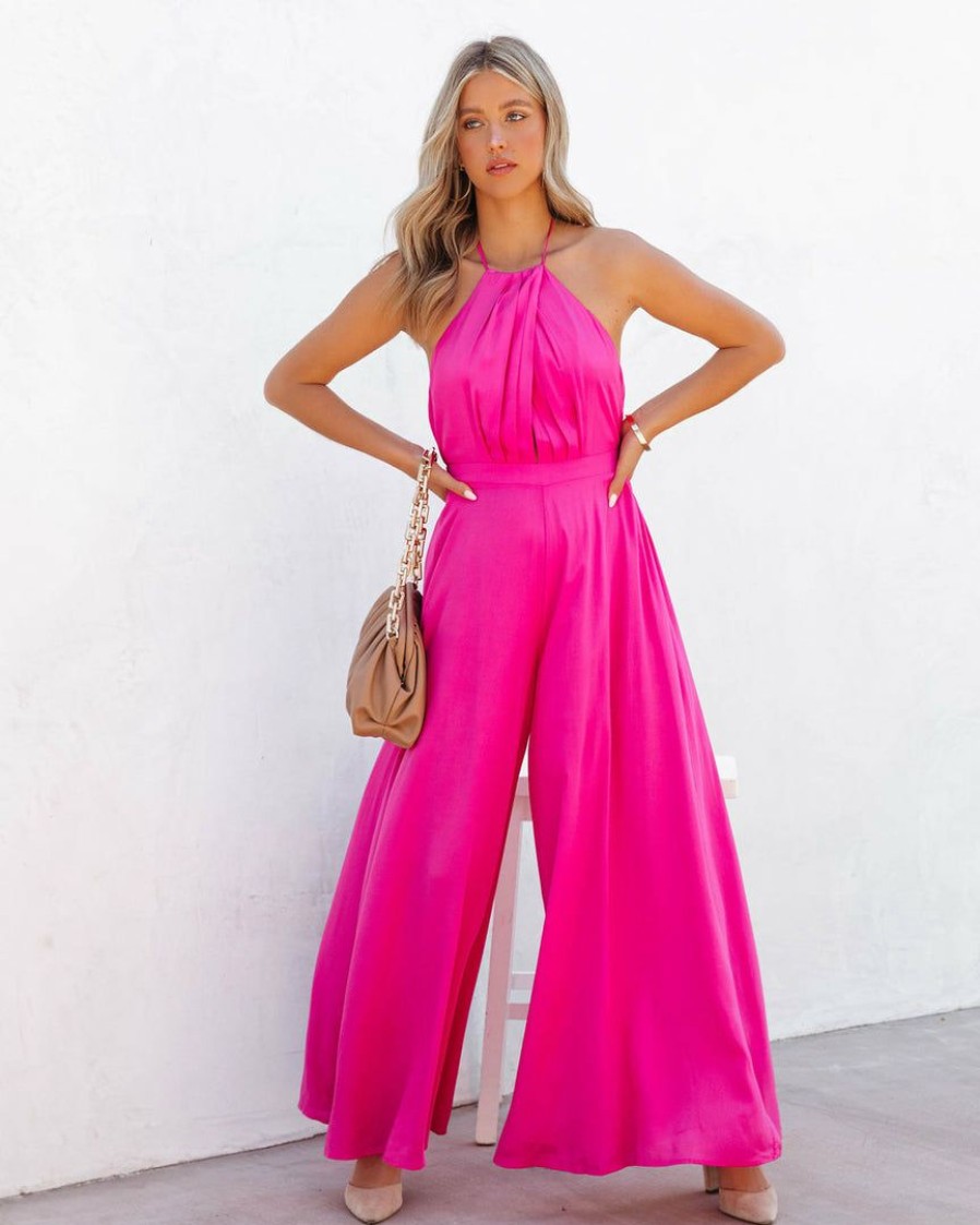 Clothing * | Aaka-001 Take Me To Miami Luvy Wide Leg Halter Jumpsuit Fuchsia Final Sale