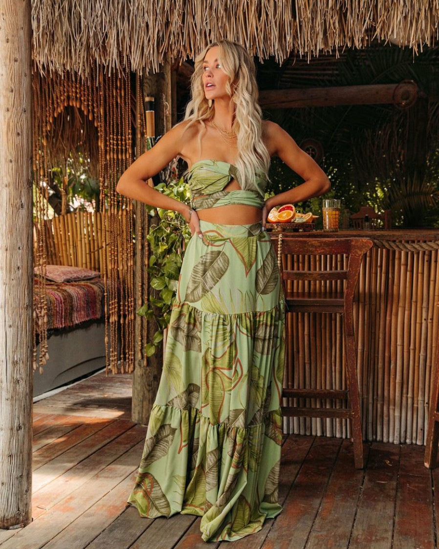 Clothing * | Luxx-001 The Vacation Shop You Had Me At Aloha Printed Tiered Maxi Skirt Olive Final Sale