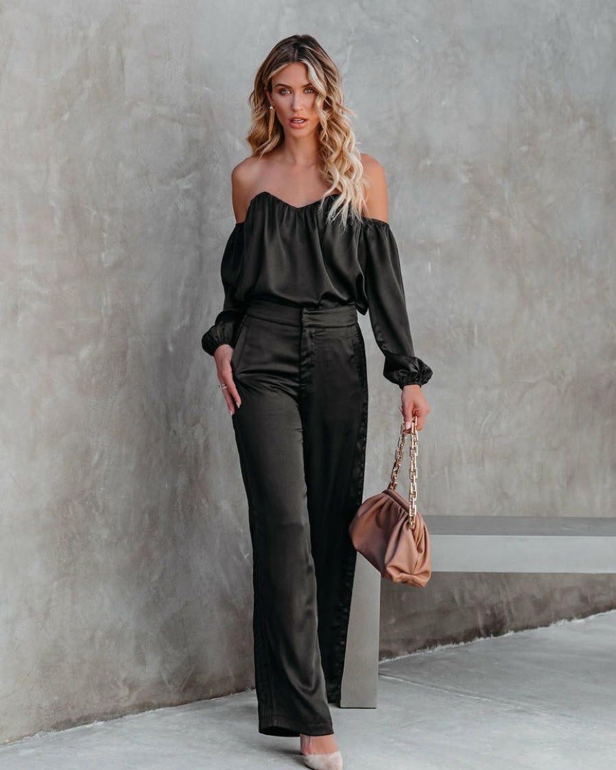 Clothing * | Dee-001 Clockwork Pocketed Satin Wide Leg Trousers Black Flash Sale