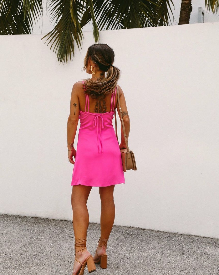 Clothing * | Acoa-001 Hibiscus Waves Satin Slip Mini Dress Hot Pink Take Me To Miami