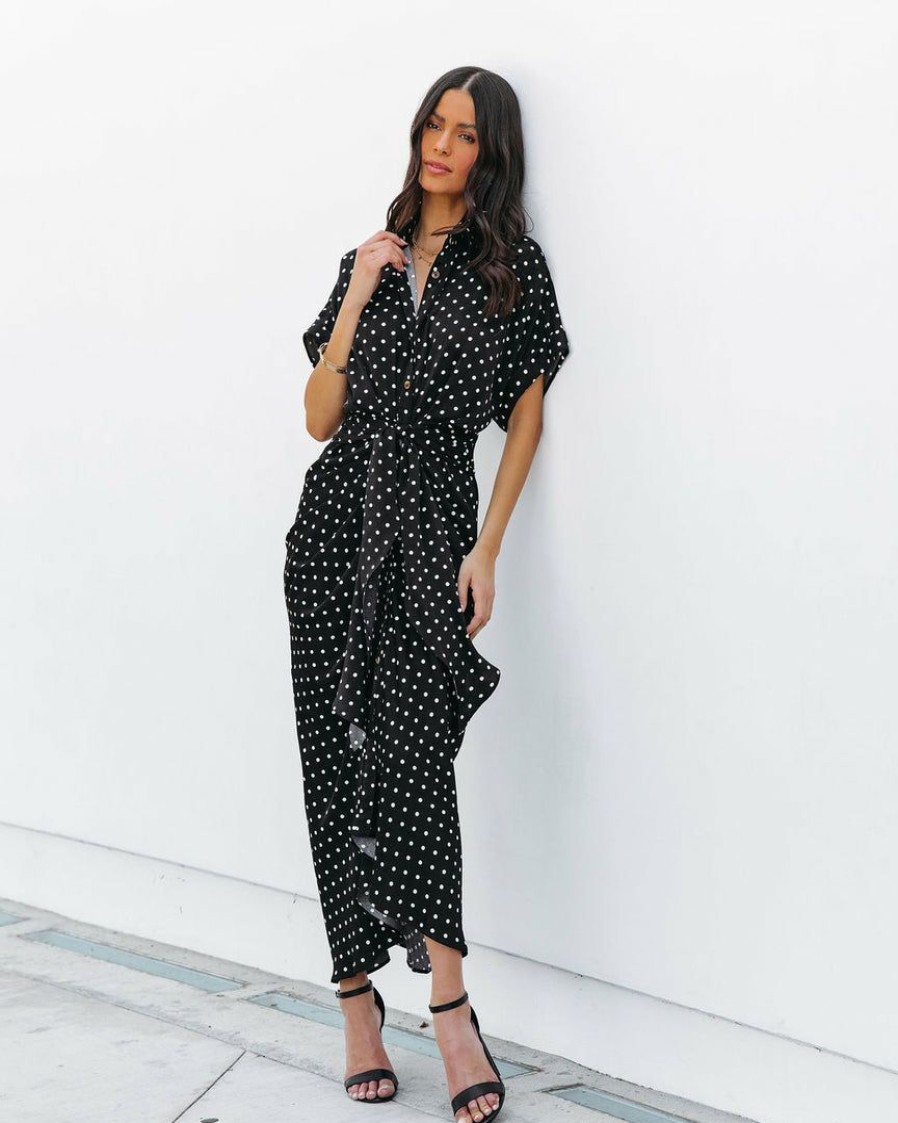 Clothing * | Mabl-001 Aurielle Polka Dot Tie Front Midi Shirt Dress Black Final Sale Vici Exclusives