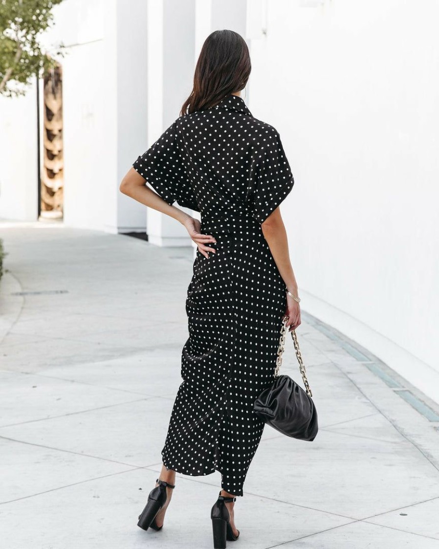 Clothing * | Mabl-001 Aurielle Polka Dot Tie Front Midi Shirt Dress Black Final Sale Vici Exclusives