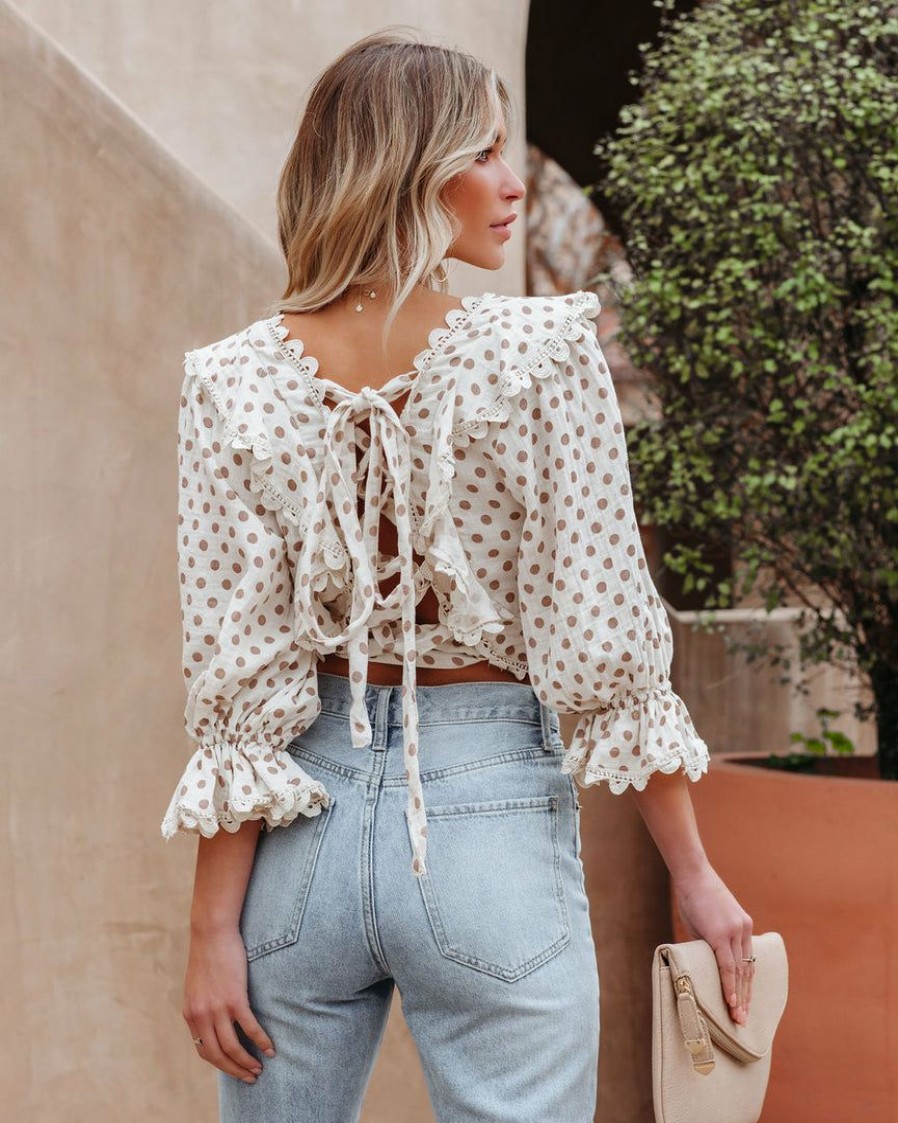 Clothing * | Oliv-001 Edna Cotton Blend Crochet Polka Dot Crop Top Cream Final Sale Date Night Out