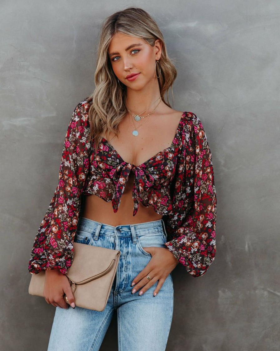 Clothing * | Oliv-001 My Oh My Floral Tie Front Crop Blouse Date Night Out