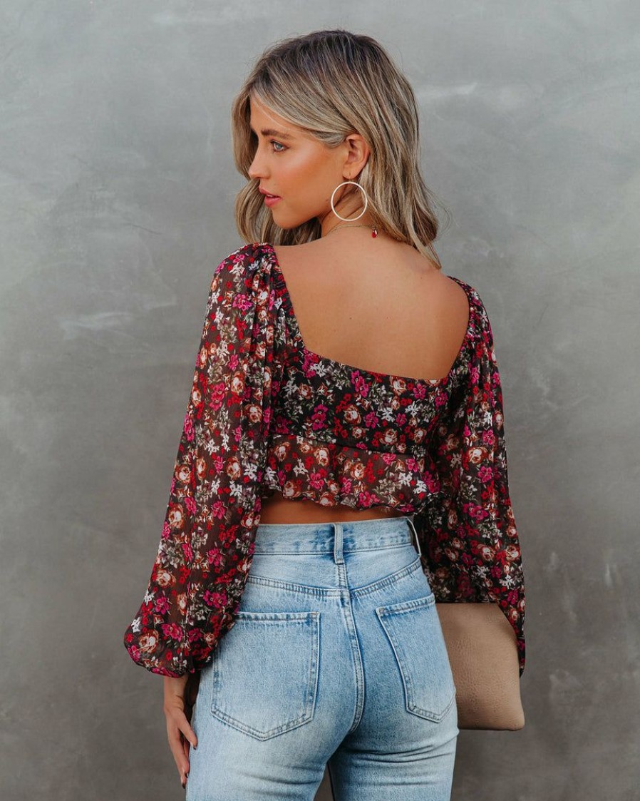 Clothing * | Oliv-001 My Oh My Floral Tie Front Crop Blouse Date Night Out