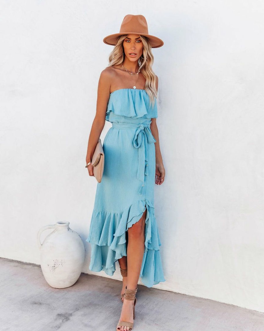 Clothing * | On T-001 Rosemont Cotton Linen Strapless High Low Maxi Dress Blue Dresses