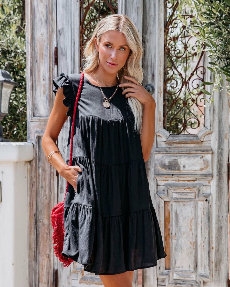 Clothing * | Endl-001 East Coast Pocketed Tiered Babydoll Dress Black Final Sale