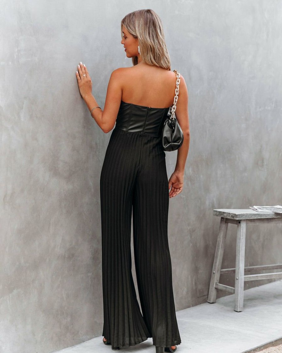 Clothing * | Do+B-001 Vip Strapless Faux Leather Pleated Jumpsuit Black Rompers + Jumpsuits