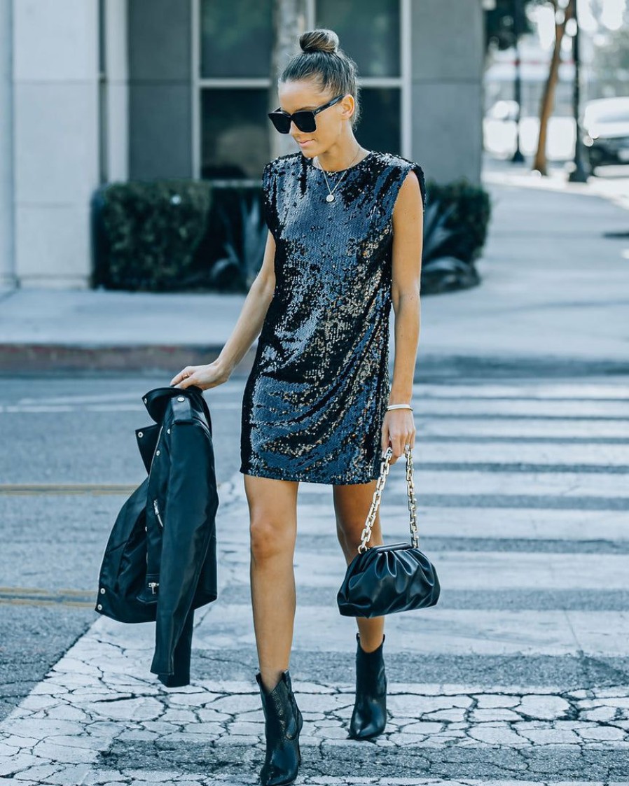 Clothing * | Tcec-001 Vinci Padded Sequin Mini Dress Black Dresses