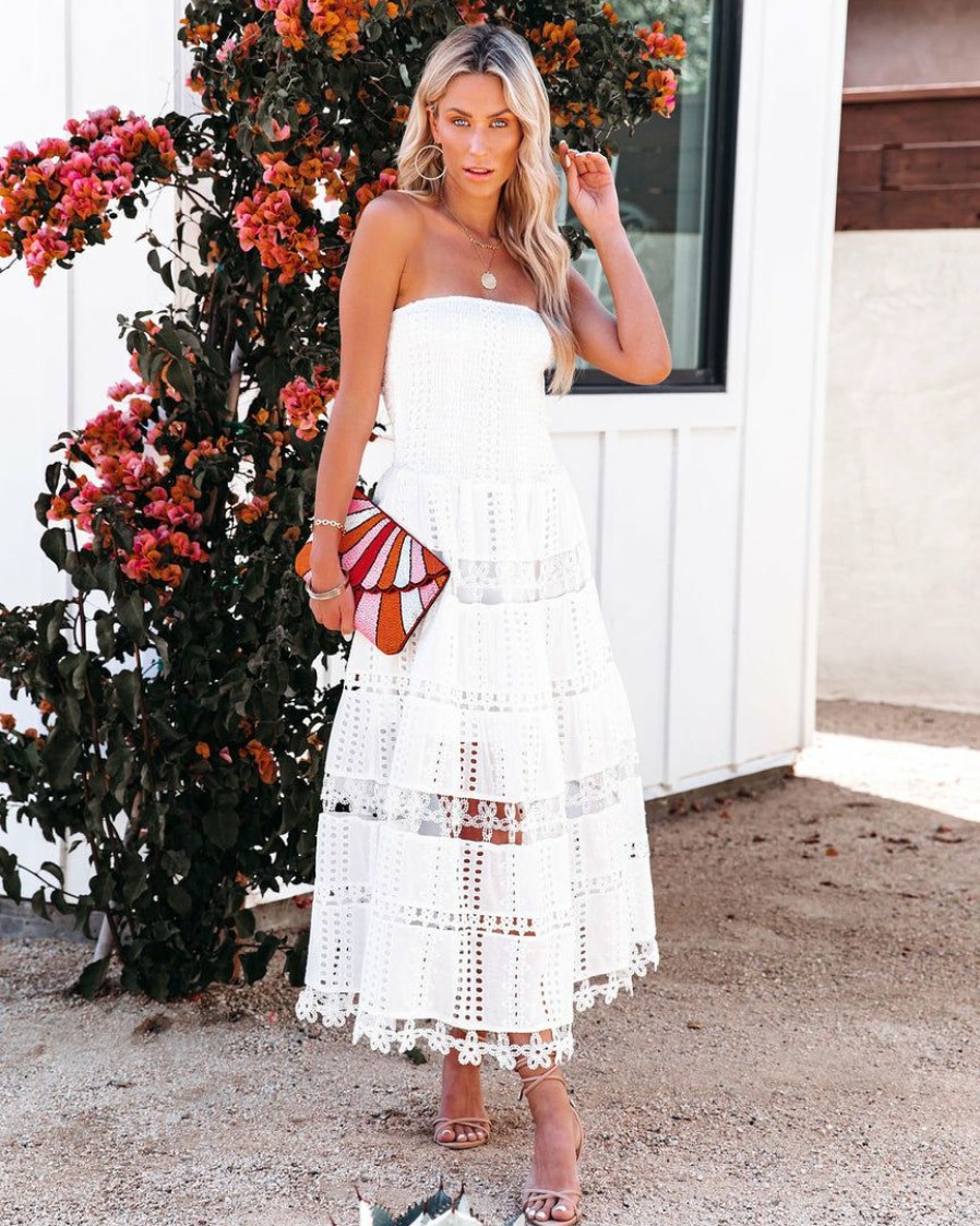 Clothing * | Stru-001 Underwood Strapless Smocked Crochet Midi Dress Off White Final Sale Sweet Summertime