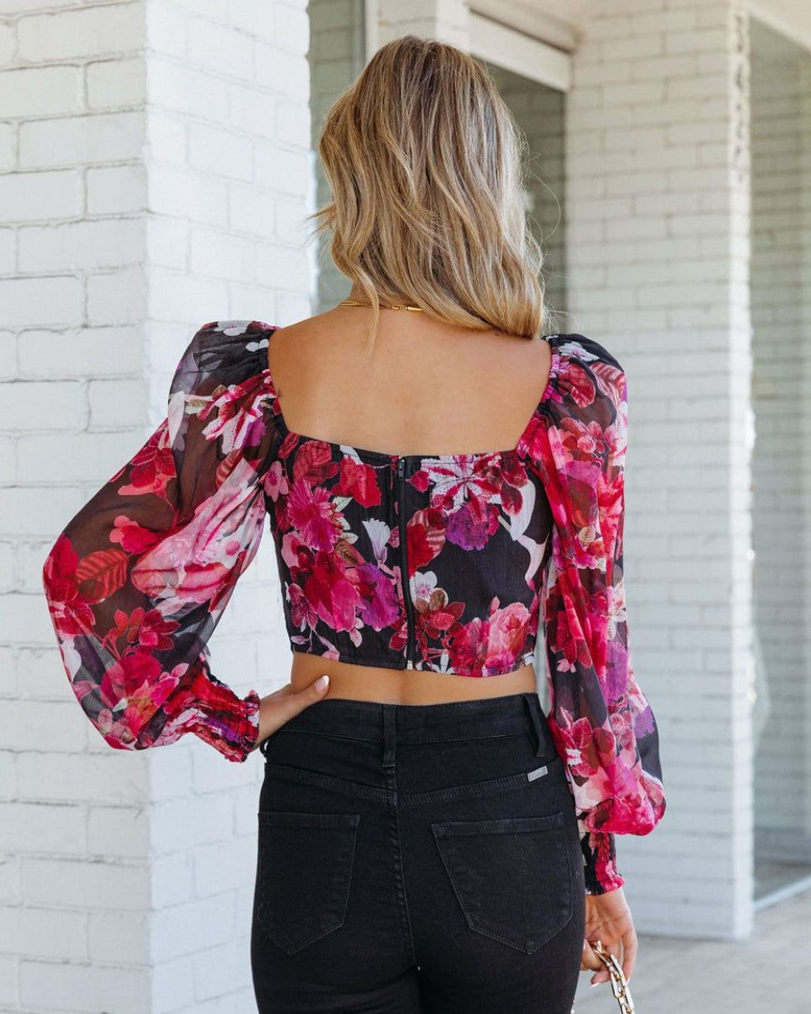 Clothing * | A.Peach Brinlee Floral Crop Blouse Black Red Final Sale