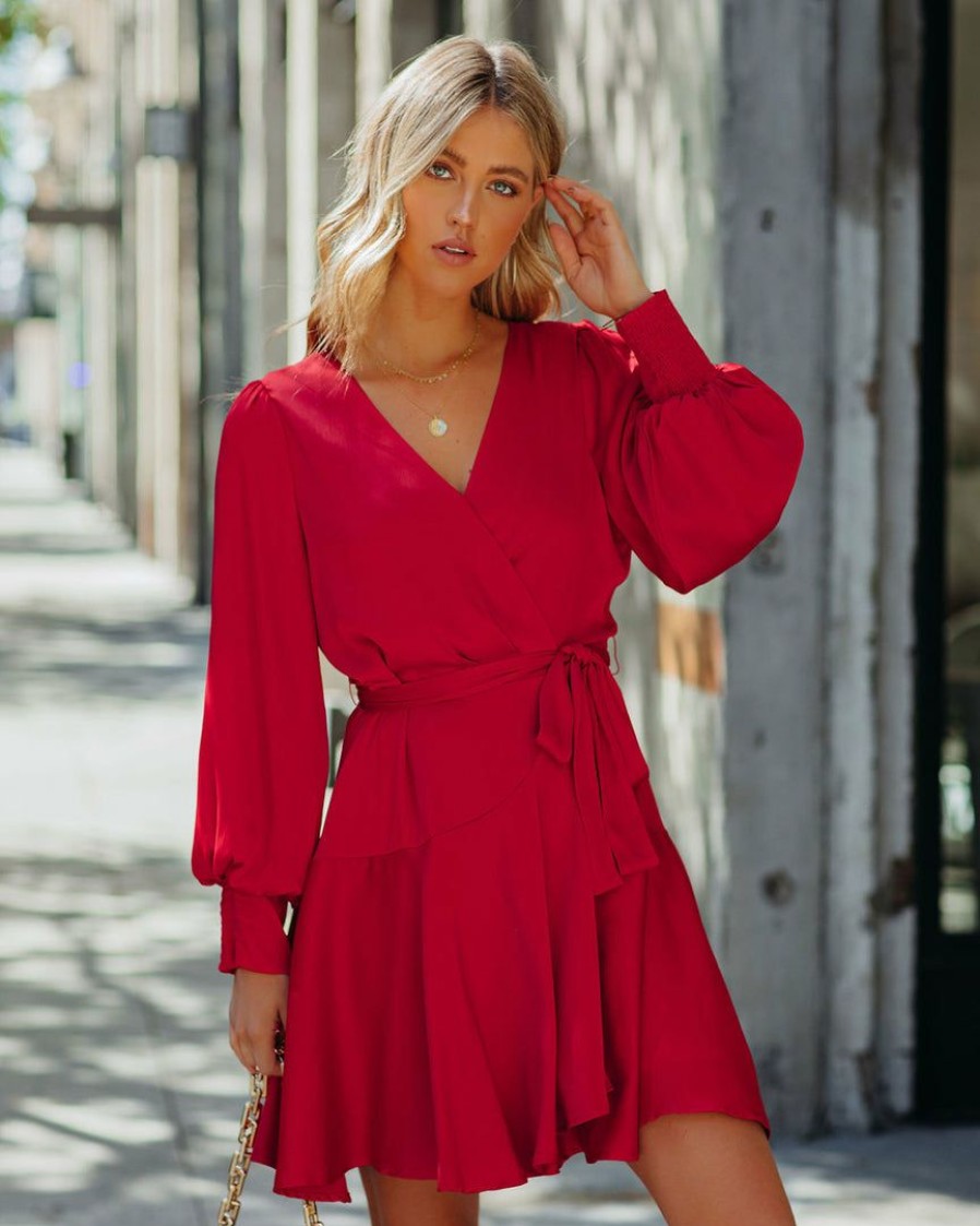 Clothing * | Skie-001 Slow Dance Satin Wrap Dress Red Final Sale Dresses