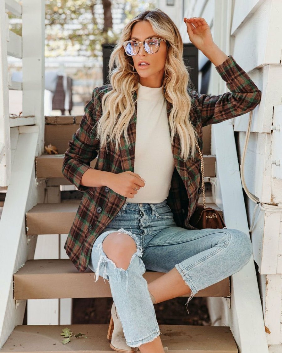 Clothing * | Lush-001 Pappy Plaid Double Breasted Blazer Coats & Jackets