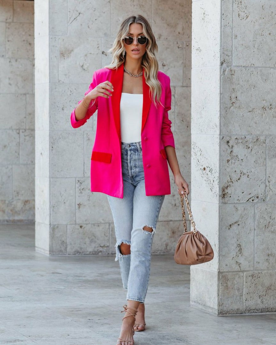 Clothing * | Stru-001 Coats & Jackets Love Notes Pocketed Colorblock Blazer Fuchsia Red