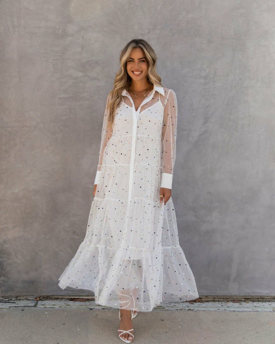 Clothing * | Endl-001 Sweet Summertime Joaquin Embroidered Mesh Tiered Maxi Dress White Final Sale