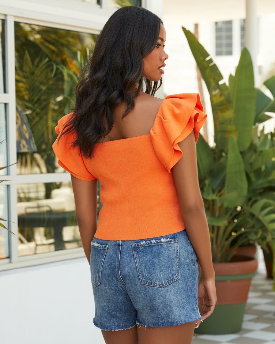 Clothing * | Stru-001 Summer Sweetheart Ruffle Knit Crop Top Orange Final Sale Take Me To Miami