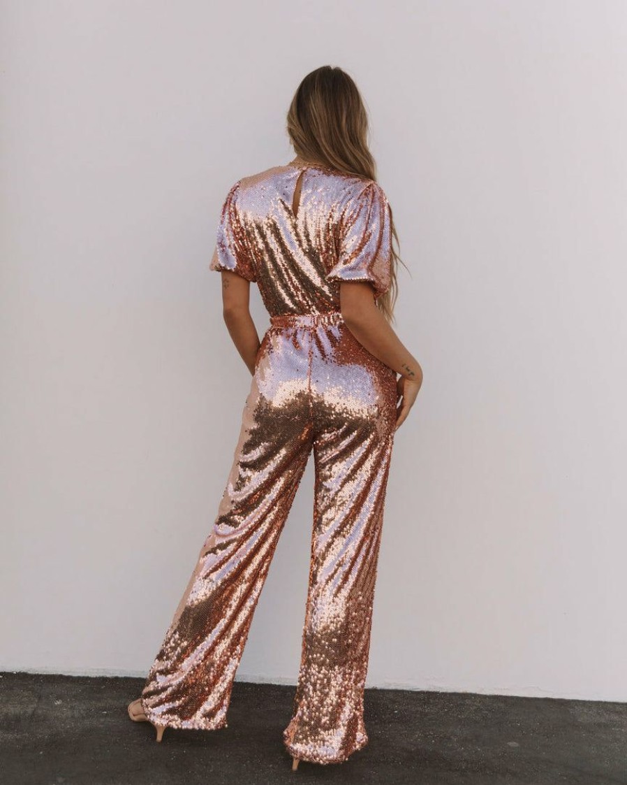 Clothing * | On T-001 Eissa Sequin Drape Jumpsuit Rose Gold Final Sale