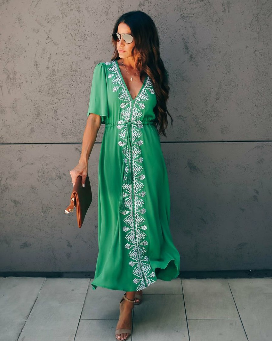 Clothing * | Stru-001 Presidio Embroidered Tassel Midi Dress Green Take Me To Miami