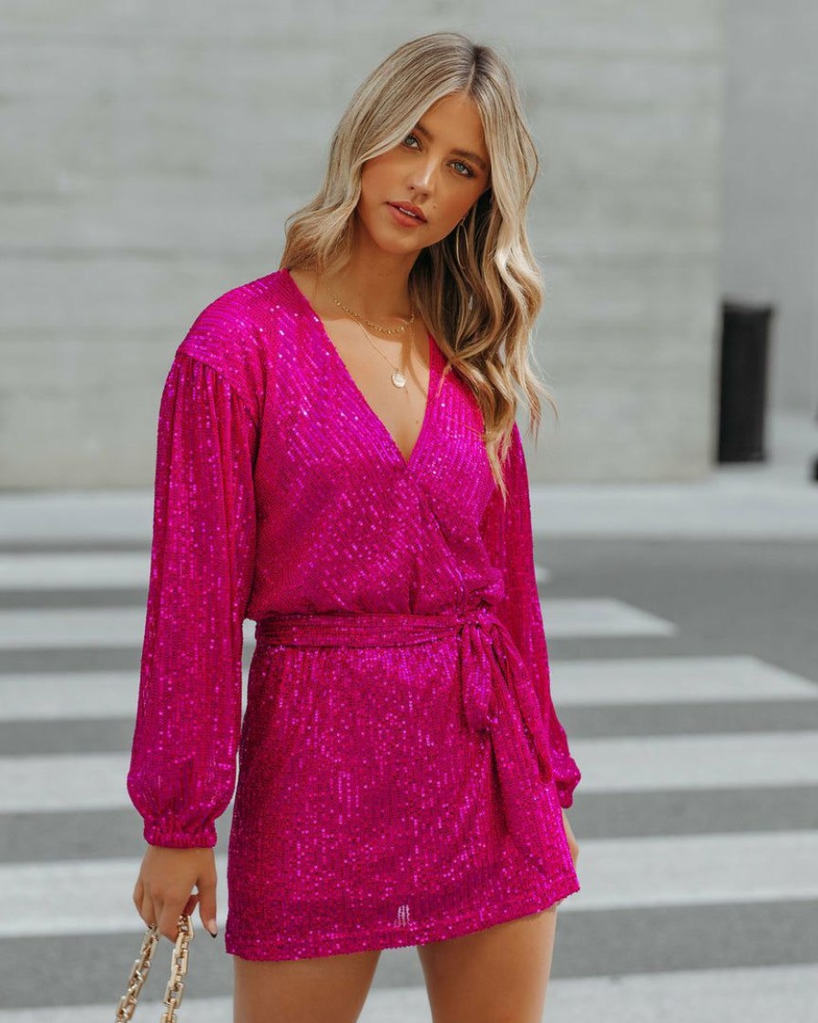 Clothing * | On T-001 Rompers + Jumpsuits Overnight Sequin Drape Romper Hot Pink