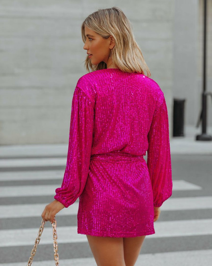 Clothing * | On T-001 Rompers + Jumpsuits Overnight Sequin Drape Romper Hot Pink